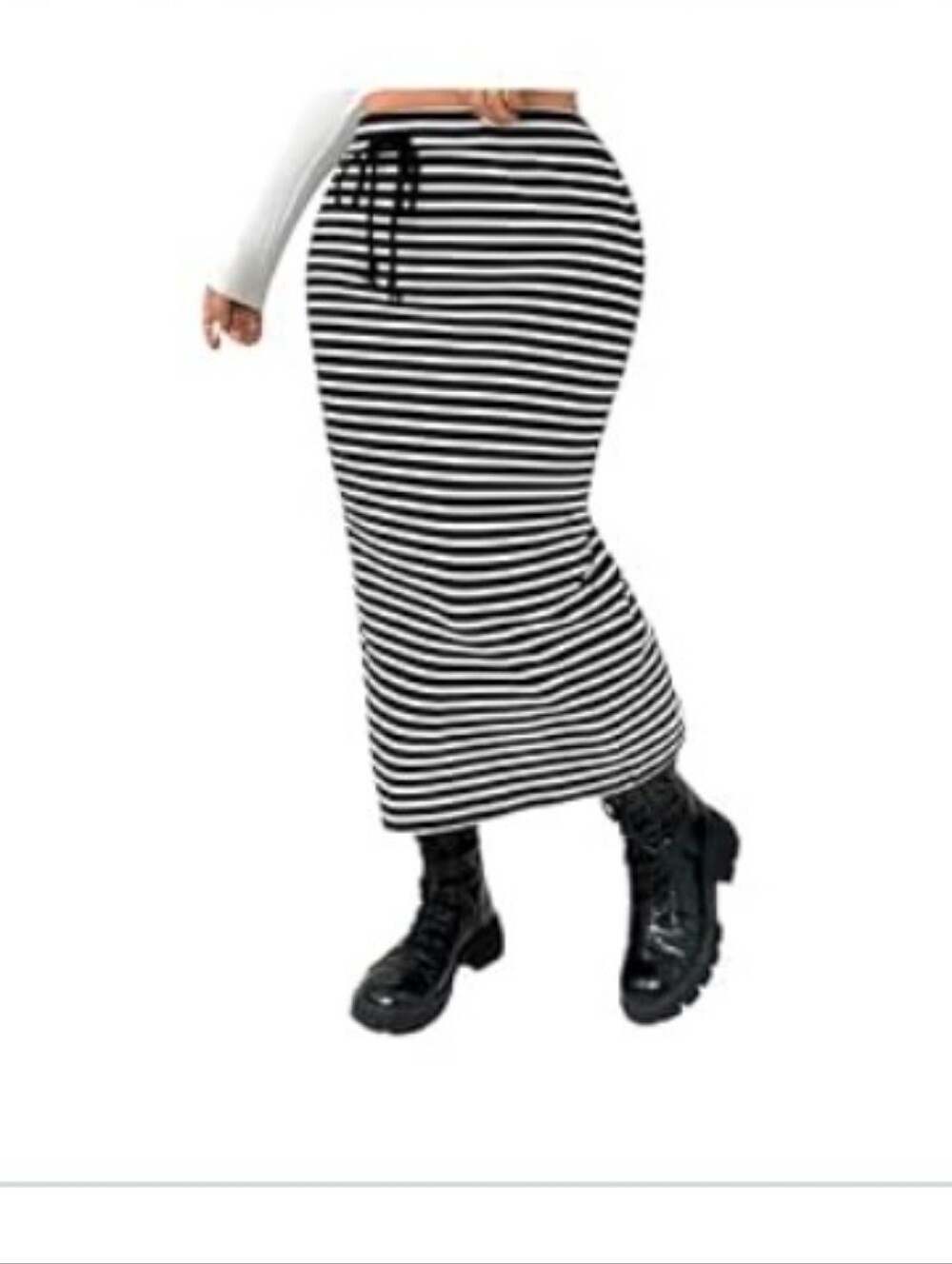 WDIRARA Women's Plus Size Midi Skirt With Slit In Striped Black And White